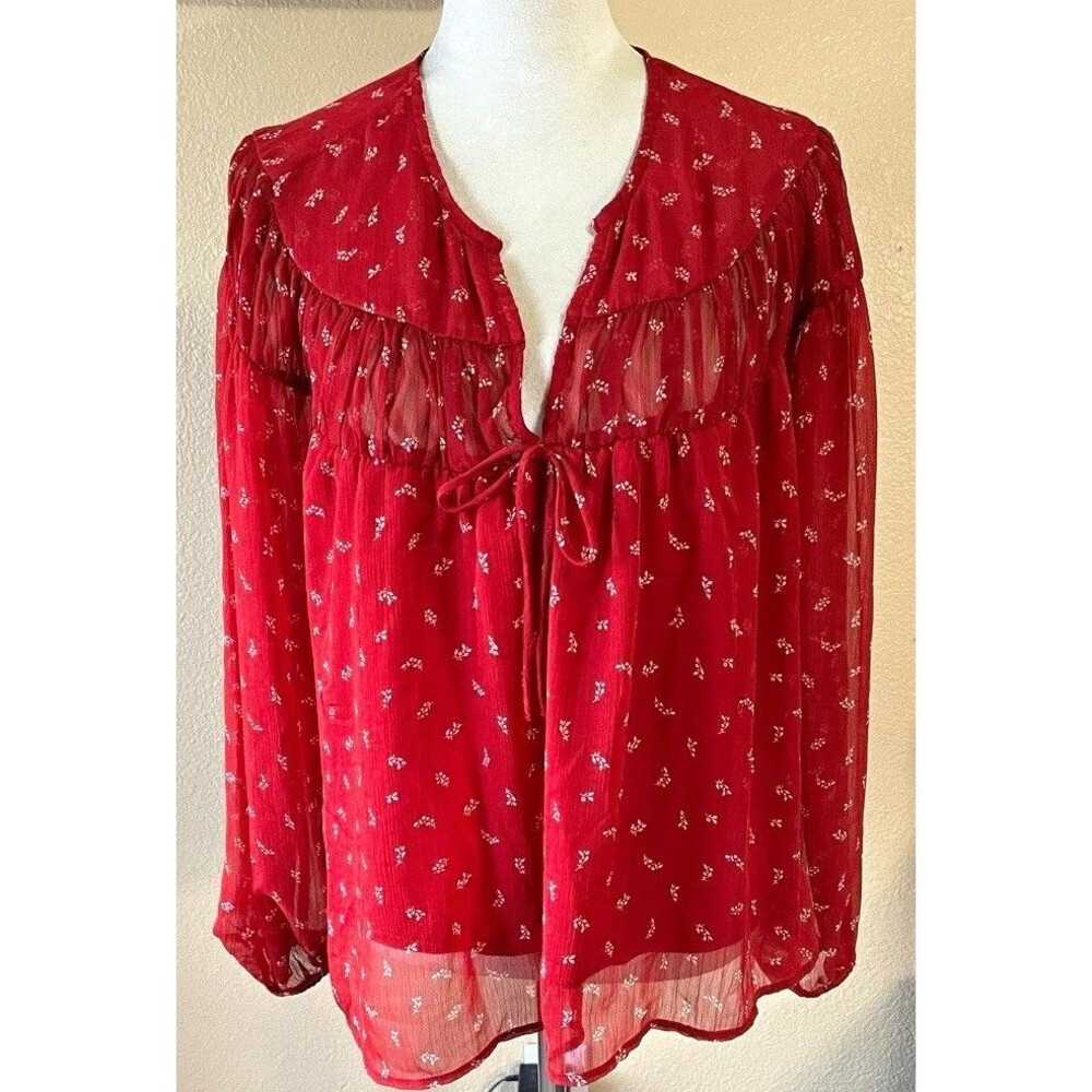 Old Navy Women's XL Red White Floral Chiffon Sheer Tie Neck Blouse Boho *flaw*